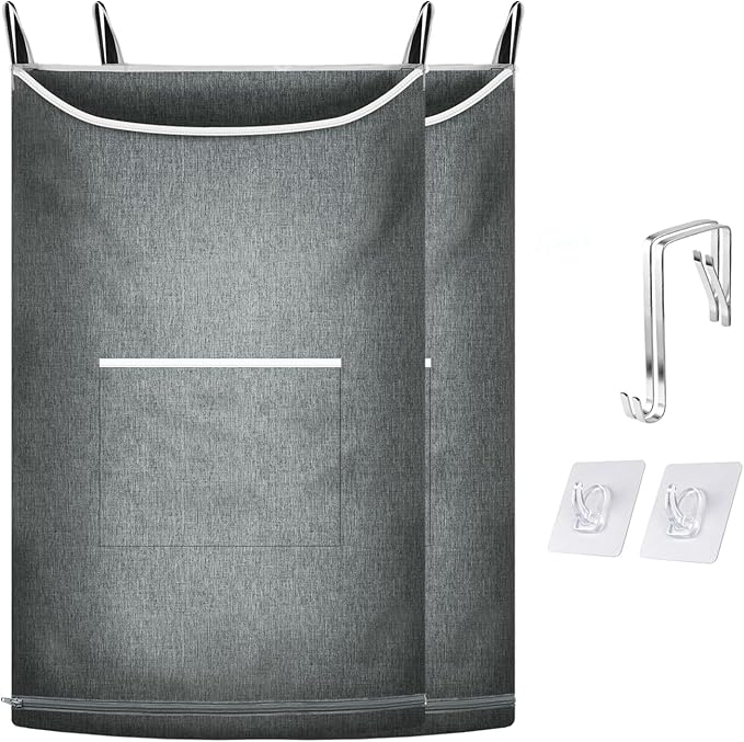 XL Large Hanging Laundry Hamper, Over the Door Laundry Bag with Zipper and Wide Open Top,Hanging Hamper for Storage Laundry, Clothes, Toys,36x 22 Inch, Heather Grey 2Pack.