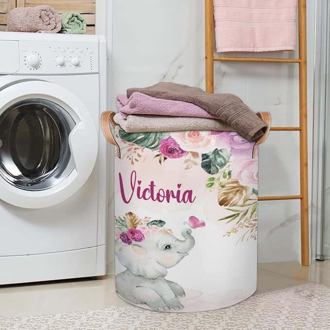 Personalized Laundry Basket, Custom Gift Laundry Hamper, Collapsible Nursery Waterproof Laundry Baskets, Dirty Clothes Toy Hamper with Handles Purple Blush Floral Elephant