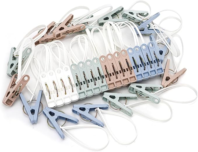 Frcctre 120 Pack Plastic Clothes Pins, Multi-Purpose Plastic Hanging Clips with Rope, Windproof Laundry Hooks Hanger Clips Clothespins Clothes Peg for Hanging Clothes Hat Towel Sock Gloves Photos