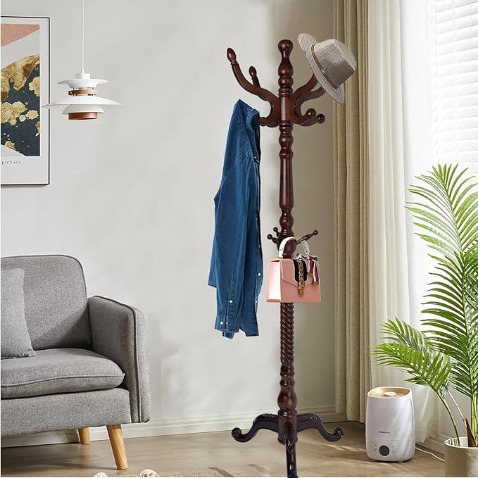 Solid Wood Coat Rack, Free Standing Hall Coat Tree with 11 Hooks, 2 Height Options, 270lbs Load, Stury Base, Clothes Rack for Entryway, Hallway, Bedroom (Tri-legged Base - Dark Brown)
