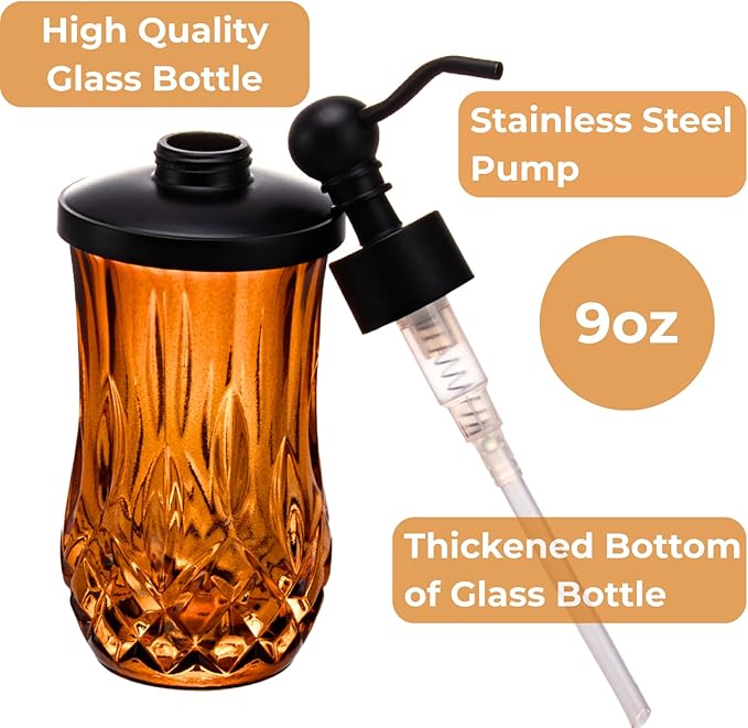 9Oz Amber Glass Soap Dispenser with Matte Black Zinc Alloy Pump,Lead-Free Thick-Cut Glass,Countertop Soap Dispensers for Bathroom & Kitchen,Round