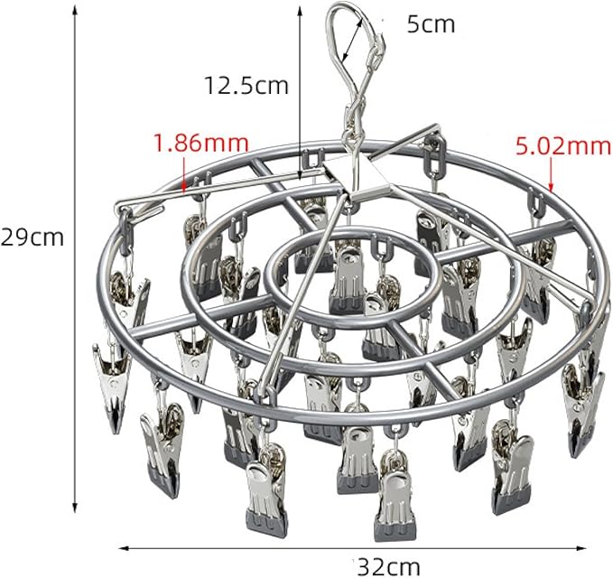 Drying Rack for Sock, Stainless Steel Sock Drying Rack with 24 Clips, Swivel Hook Windproof Hanger for Sock, Bras, Towel, Underwear, Laundry, Hat, Scarf, Pants, Gloves (Gray)