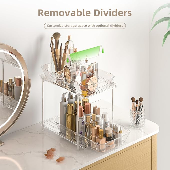 2 Pack Bathroom Cabinet Organizer, 2 Tier Clear Under Sink Organizers and Storage Medicine Cabinet Organizer with Dividers, Pull Out Kitchen Pantry Shelf Cupboard Closet Vanity Organization Bins