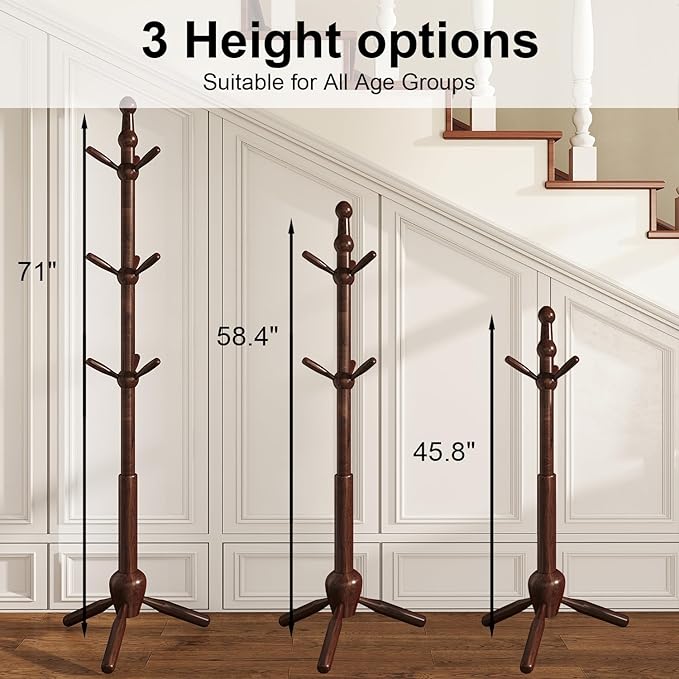 Solid Coat Rack Stand, Coat Rack Freestanding with 9 Hooks and Adjustable 3 Heights, Tree Coat Stand with Triangle Base for Entryway, Bedroom, Hallway, Wood Grain