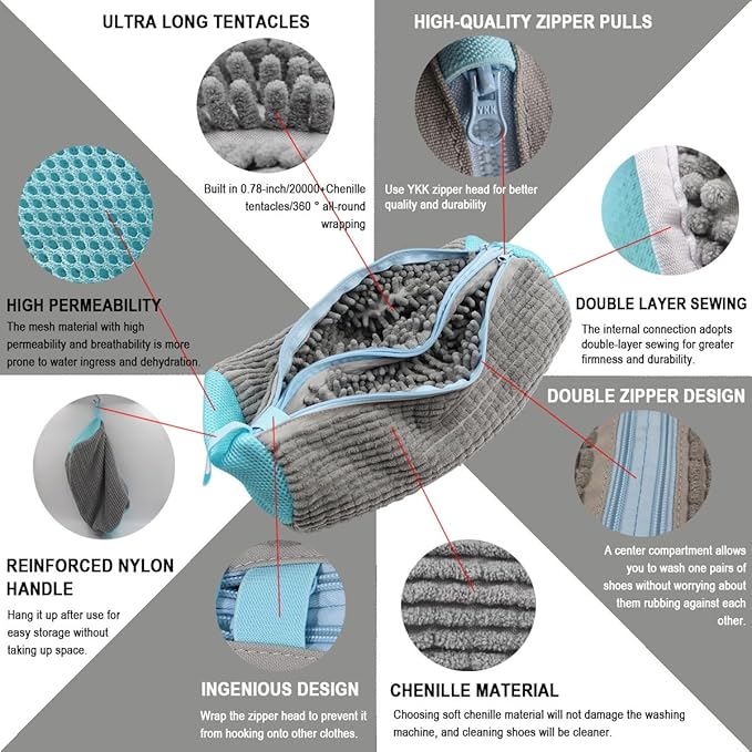 Shoe Washing Machine Bag,Mesh Shoe Washing Bag for Washing Machine - Large Size Fits various Shoes, Chenille Fabric Protection, Zipper Laundry Bag for Sneakers (1 Pcs) (Grey and Blue)