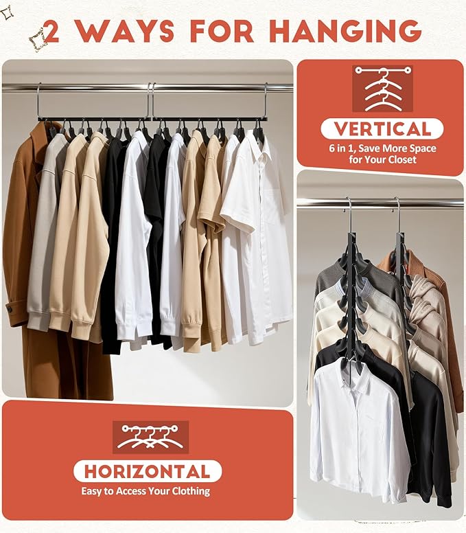 Clothes Hangers Space Saving 6 Tier Coat Hangers, Swing Arm Non Slip Padded Multi Sweater & T Shirt Hangers, 2 Packs Heavy Duty Stainless Steel Sweater Closet Organizers and Storage