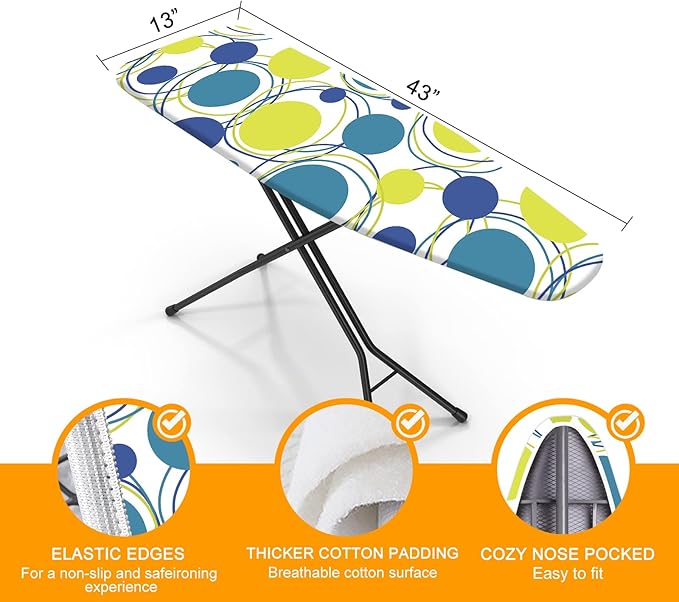 Ironing Board Cover and Pad, Standard Size 12" x 42" Iron Board Replacement Cover, 4 Layers Extra Thick Iron Board Cover Resist Scorching and Staining with Elastic Edge and 2 Fastener Straps