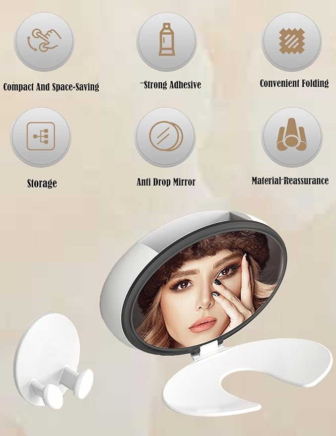 Foldable Hair Dryer Holder Wall Mount,Hair Blow Dryer Rack with Mirror,Adhesive Hair Dryer Storage,Hair Tool Organizer for Curling Iron,White Hair Dryer Support and Hair Dryer Shelf
