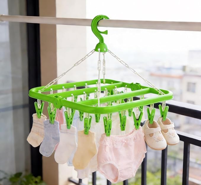 Laundry Hangers with 32 Clips,Clothespin Rack Foldable Laundry Drying Rack Drip Hanger for Baby Clothes,Cloth Diapers,Drying Socks,Bras
