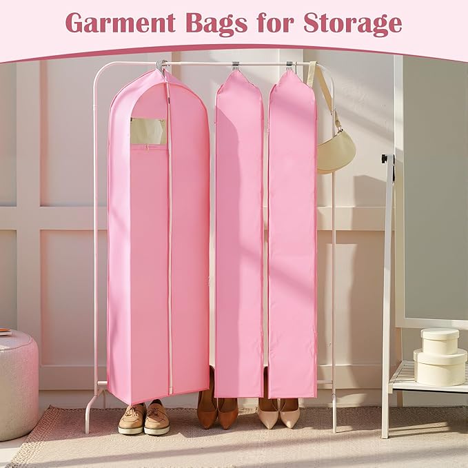 2 Pcs 10" Gusseted Garment Bags for Hanging Clothes Dress Bags for Gowns Long Closet Waterproof Garment Covers Wedding Dress Cover Traveling Clothes Protector (Pink,65 Inch)