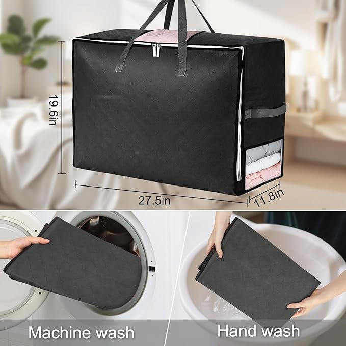 4Pack 105L Extra Large Blanket Comforter Storage Bags, Foldable Storage Bags for King Comforter Bedding Pillow Sheet Clothes with Handles Zippers Clear Window Closet Organizers and Storages, Black