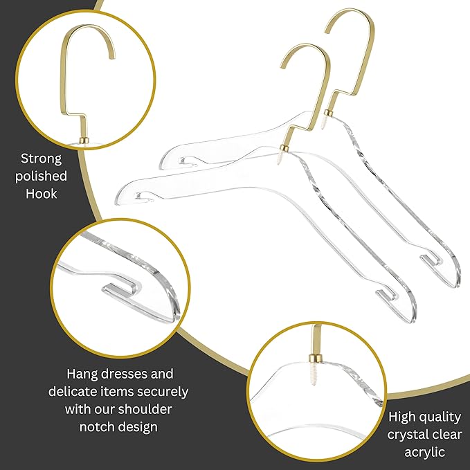HomeCube USA Clear Acrylic Clothes Hangers with Gold Hooks – Heavy Duty Lucite Design, Elegant & Sturdy for Sweaters, Suits, Jackets, Shirts, Dresses & Boutique Use (5, Small 13")