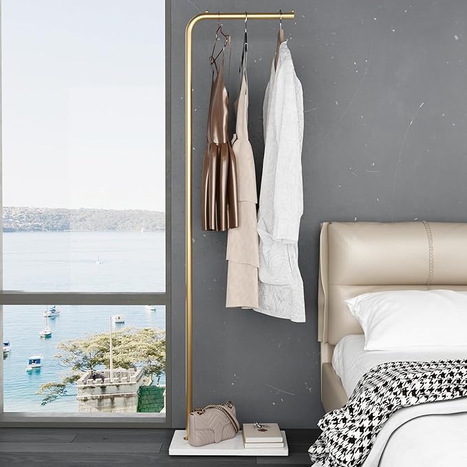 DR.IRON Gold Coat Racks, Metal Coat Racks Freestanding with Crossbar and Heavy Base, Modern Coat Rack Stand, L Shaped Clothing Rack for Entryway, Bedroom, Living Room or Office