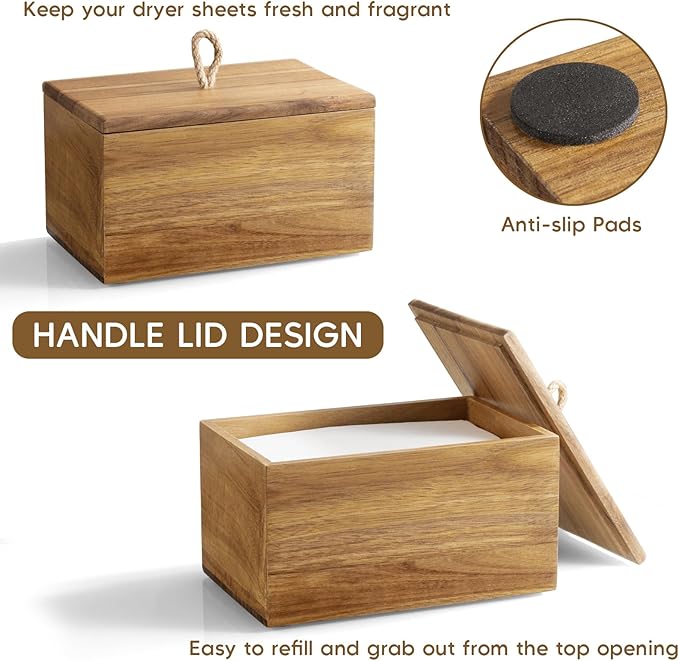 Acacia Wood Dryer Sheet Holder - Laundry Sheets Container with Lid - Farmhouse Laundry Room Organization and Storage for Laundry Room Decor and Accessories - Fabric Sheet Dispenser