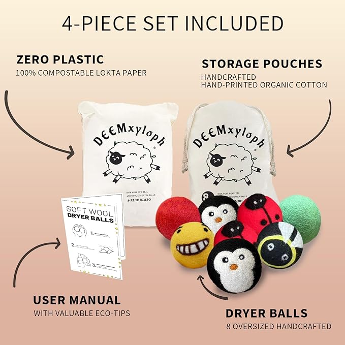 Penguin-Shaped Wool Dryer Balls Set of 8,Reusable Fabric Conditioner Substitute, Black-White-Grey Palette, Year-Round Energy Saver Anti-Static for Winter Coats, Thick Blankets, Bath Towels