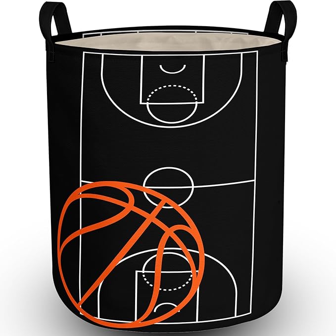 Basketball Boys Laundry Basket with Lining Kids Round Black Basketball Laundry Hamper Clothes Storage Bin Basket Organizer for Boy Room Decor