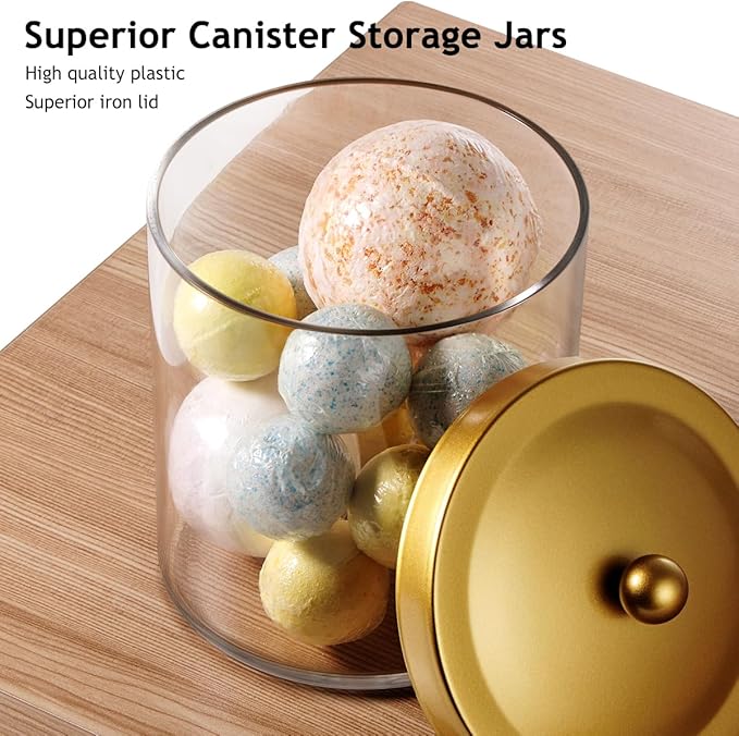 SheeChung 3 Pack 50 Ounce Large Clear Apothecary Jar with Gold Rust-Proof Lid - Shatterproof Plastic Storage Canister - Modern Luxury Bathroom Vanity & Laundry Room Organizer for Pods, Bath Salts