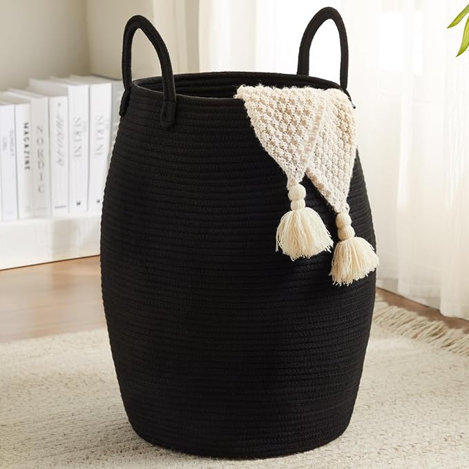 Cotton Rope Laundry Hamper Basket, 65L Woven Large Laundry Basket, Tall Dirty Clothes Hamper for Storage Blankets, Toys in Bedroom, Living Room Organizing-Collapsible-Black