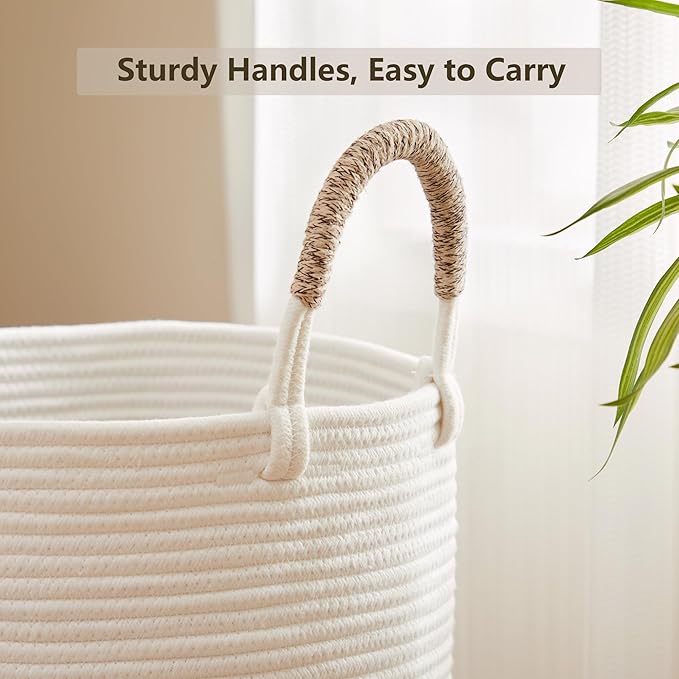 60L Hamper Laundry Basket Tall Woven Clothes Hamper for Baby Girls Nursery Kids Cotton Rope Blanket Basket in Living Room Bathroom Bedroom Brown 15Dx20H inches Large