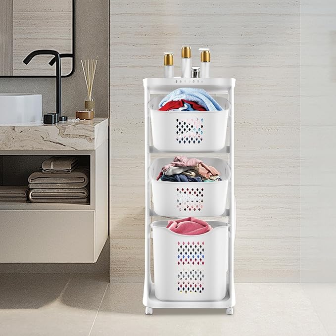 3 Tier Rolling Laundry Hamper Sorter with Wheels, Portable Rolling Cart Clothes Storage Baskets Freestanding Clothes Hamper Basket Organizer for Bathrooms Laundry Rooms