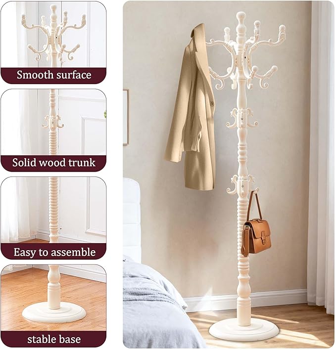 73" Wooden Coat Rack Freestanding, Coat Rack Stand With 18 Hooks And Round Solid Wood Base，Adjustable Height, Easy To Assemble For Entrance Hallway Office Living Room Bedroom (Retro White, 1 PCS)