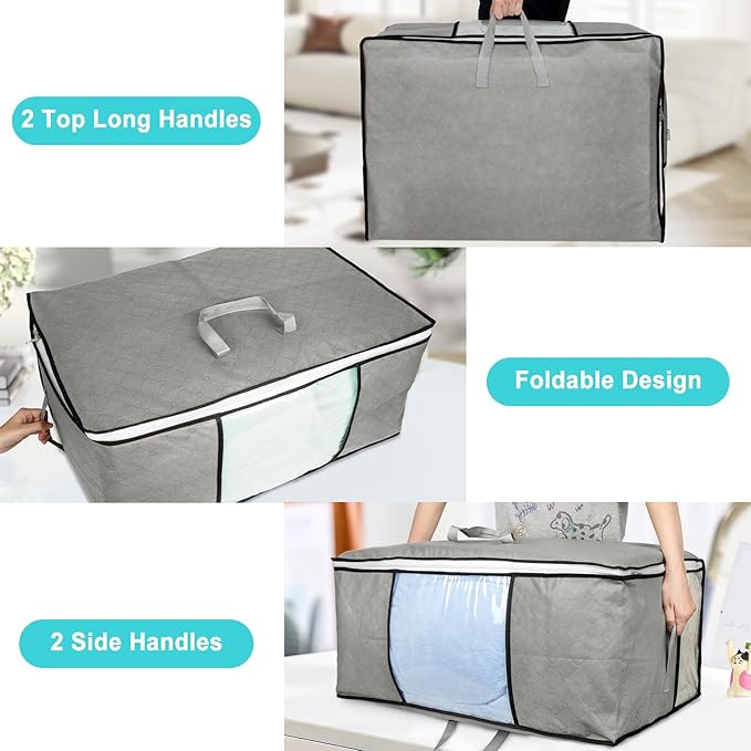 4Pack 105L Extra Large Blanket Storage Bags, Foldable Comforter Storage Bag for Bedding Pillow Sheet Clothes with Handles Zippers Clear Window Closet Organizers and Storages, Grey