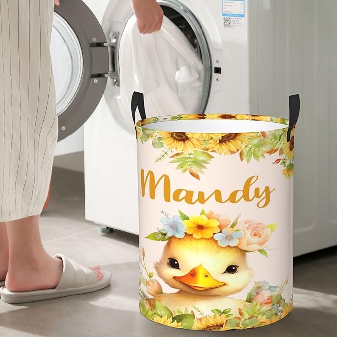 Personalized Duck Sunflower Laundry Basket For Baby Kids Boys Girls Adult Custom Hamper Basket With Name For Bathroom Bedrooms Collapsible Baby Laundry Basket, Dirty Clothes Hamper With Handles