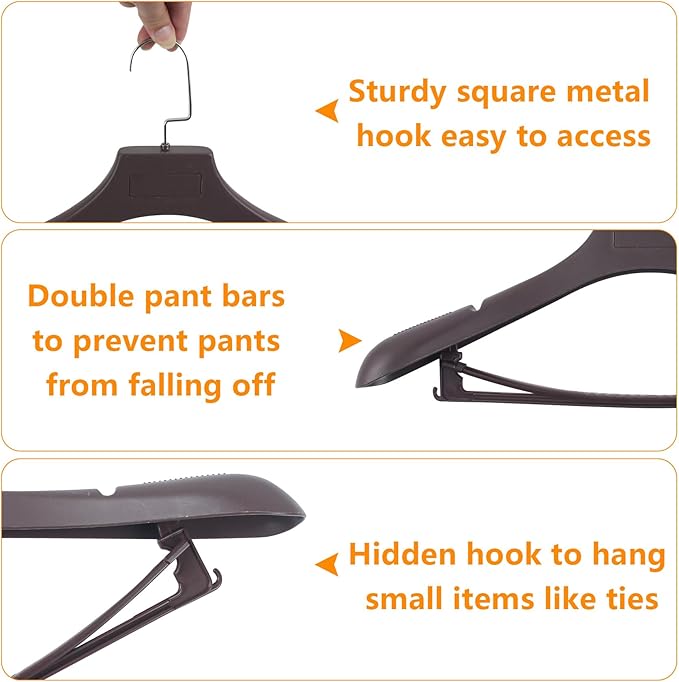 Suit Hangers for Men 6 Pack, Brown Coat Hangers Extra Wide Non Slip Width 17.7", Thick Plastic with Pants Bar & Metal Hook