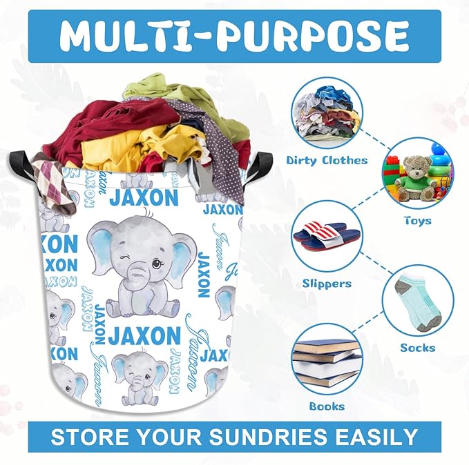 Personalized Laundry Hamper Custom Kids Dirty Clothes Hamper with Name Storage Basket for Bathroom Bedrooms Nursery for Baby Girls Boys Adults (Style-Blue Elephant)
