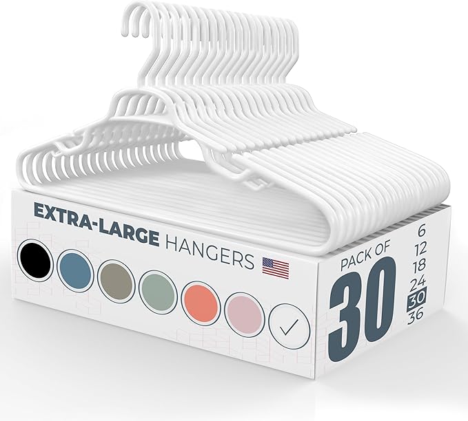 Neaties Large & Wide Heavy Duty Clothes Hangers 30 Pack – Made in USA – Ideal for Plus Size Clothing – 10lb Plastic Hangers with Notches for Oversized Adult Coats & Pants – White