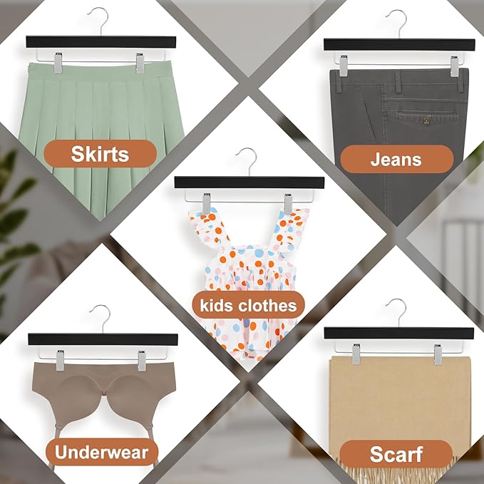 TOPIA HANGER Lotus Wood Pants Hangers, Black Wooden Skirt Short Jeans Trouser Hanger with Smooth Surface 360° Swivel Hook Anti Rust 2 Adjustable Clips, 10 Pack, CT10PB