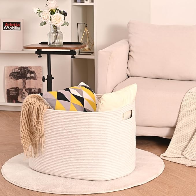 White Laundry Basket, Blanket Baskets for Living Room, Cotton Rope Baskets for Storage, Woven Basket for Blankets, Toys, Clothes, Shoes, White, 25”x16”x16” (105L)