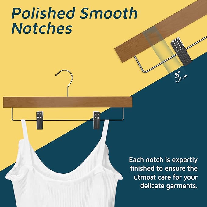 Natural Color Wooden Pants Hangers 20 Pack, Lotus Wood Hanger with Adjustable Non-Slip Clips, Heavy Duty 10 lb Capacity, 360° Swivel Hook, Slim, Space-Saving Design for Slacks, Jeans, Skirts