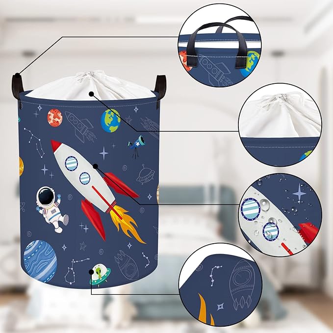 Clastyle 45L Rocket Astronaut Laundry Hamper for Bedroom Waterproof Collapsible Blue Universe Toys Storage Basket with Drawstring, 14.2 * 17.7 in