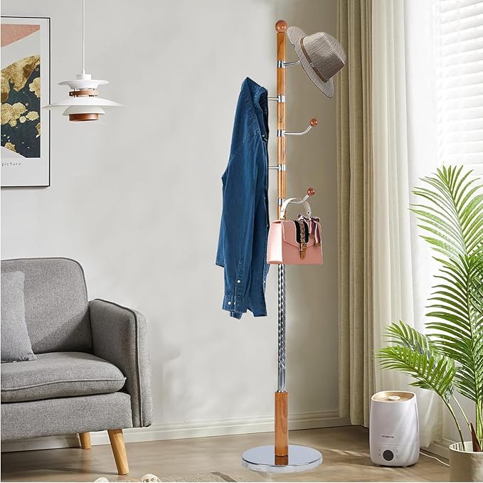 Solid Wood Coat Rack, Free Standing Hall Coat Tree with 6 Hooks, 3 Height Options, 180lbs Load, Stury Base, Clothes Rack for Entryway, Hallway, Bedroom (Disc Base - Cherry Swivel Hook)