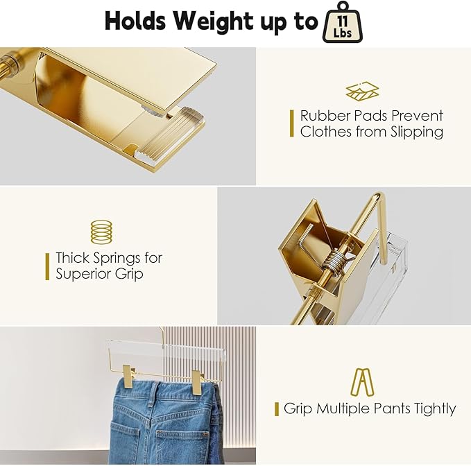 Acrylic Gold Pants Hangers with Adjustable Clips 10 Pack, Non-Slip Skirt Hanger for Women, Heavy Duty Space-Saving Clothes Organizer for Trousers, Coats, Jeans, Adults & Kids