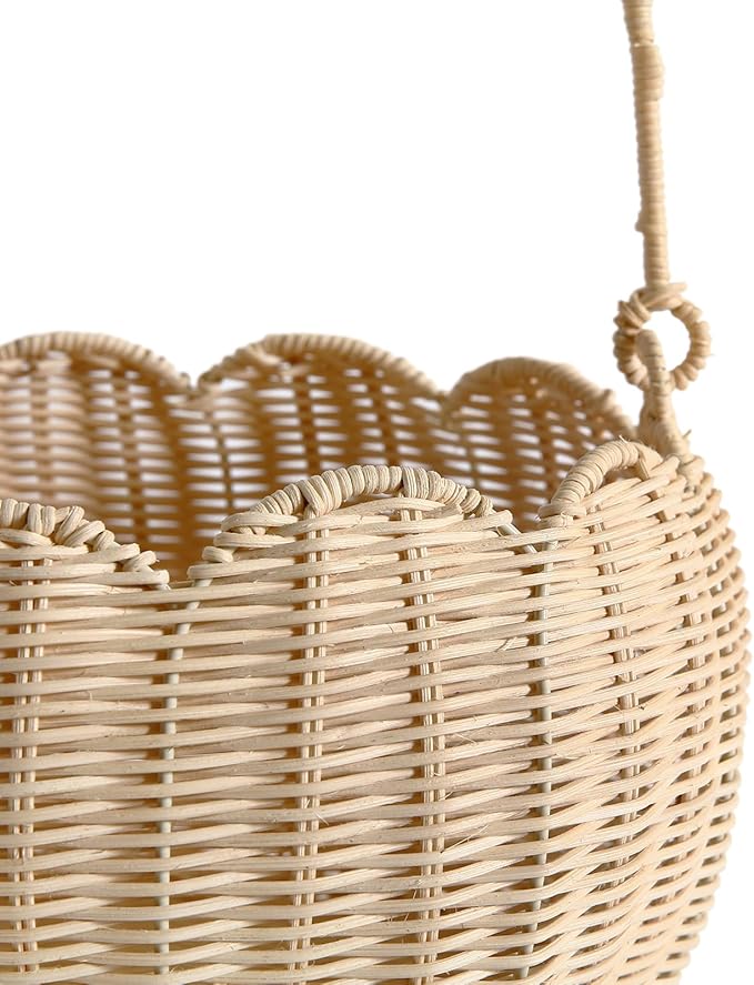Scalloped Round Basket with Handle, Super Sturdy Wicker Storage Baskets, Hand Woven Basket for Shelves,Natural Baskets for Organizing (White Rattan 12.6"*9"*6.1")
