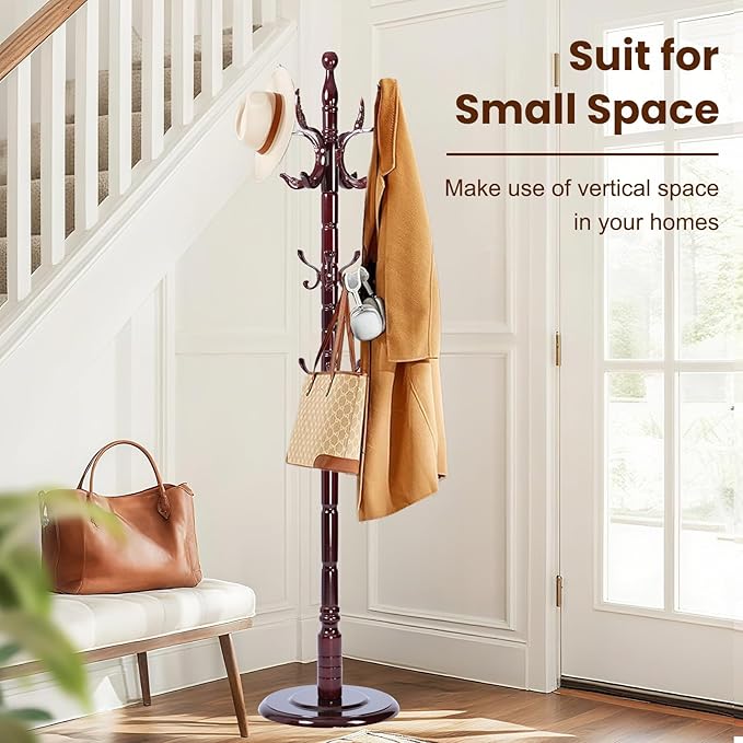 Freestanding Coat Rack with 14 Hooks, Sturdy Wooden Hall Tree for Entryway, Heavy-Duty Disc Base,for Hanging Hats, Jackets, Bags, Easy Assembly for Bedroom, Hallway, Office