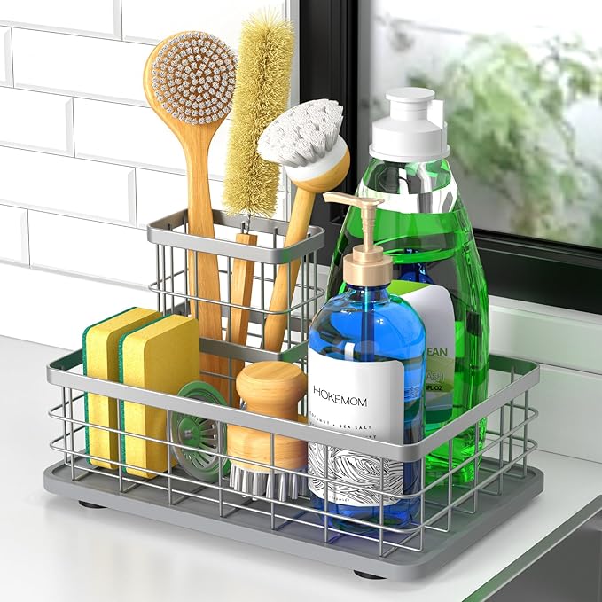 Kitchen Sink Caddy Organizer, [Stay-Dry Anywhere & No Drainage Needed] Sponge Holder for Kitchen Sink Countertop,Stainless Steel with Rust-Resistant Coating-10.24" L x 6.5" W x 5.83" H