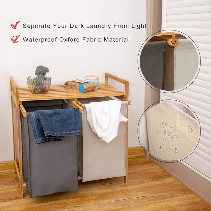 Bamboo Laundry Hamper and Shelf, 2 Sections Basket with Removable Liner, Dual Compartments Organizer and Storage, Wooden Sorter with Sliding Handles