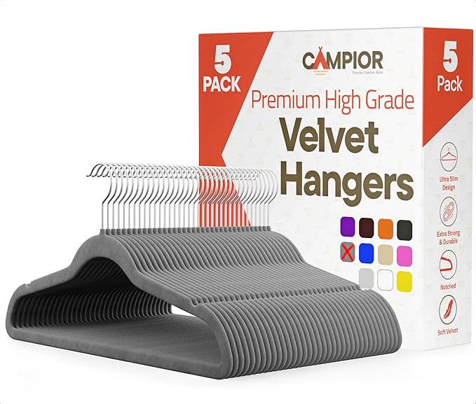 Gray Velvet Hangers 5 Pack – 360° Swivel Hook, Non-Slip and Space Saving Hangers, Heavy-Duty 11 lbs Weight Capacity - Smooth Velvet Finish for Crease-Free Clothes and Effortless Closet Organization