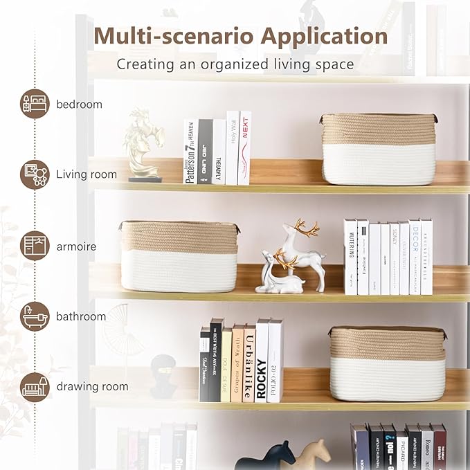 Cotton Rope Basket, Storage Baskets with Handle, 15x10x9 Inch Woven Basket for Shelves, Laundry, Towels, Clothes, Books (White/Beige 2Pack)