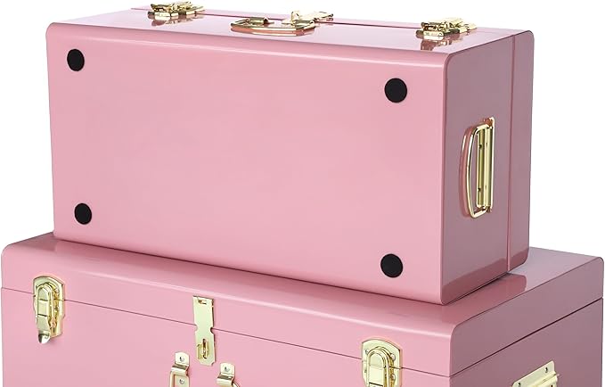 Vixdonos Decorative Large Metal Box Storage Trunk Chest Set of 2 College Dorm Organizer with Hardware Hasps and Handle for Home Deocr,23.7X14.2X9.5 Inches,Deep Pink