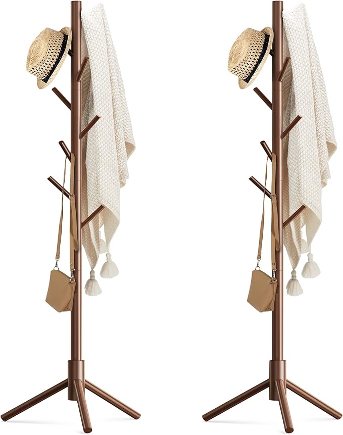 Haddockway Wooden Coat Rack Stand with 8 Hooks New Zealand Pine 3 Adjustable Coat Standing Tree Easy Assembly for Coats, Hats, Scarves and Handbags for Entryway, Hallway, Bedroom, Office,2 PCS