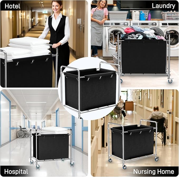 Commercial Laundry Cart with Wheels, 440 lbs Heavy Duty Industrial Laundry Cart with Sturdy Frame and Oxford Bag for Home Hotel Hospital, Rolling Laundry Cart for Home & Hotel, 400L(Black)
