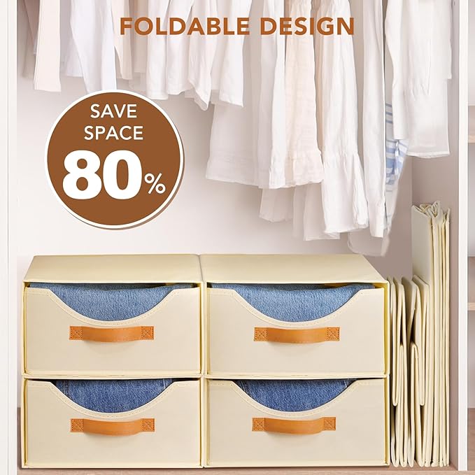 6 Pcs 16.5" Closet Drawers and Large Size Clothes Storage Bins Push-Out Storage Stackable Shelf Drawers with See-Through Window Closet Organizers for Bedroom, Living Room, Under Bed, Beige