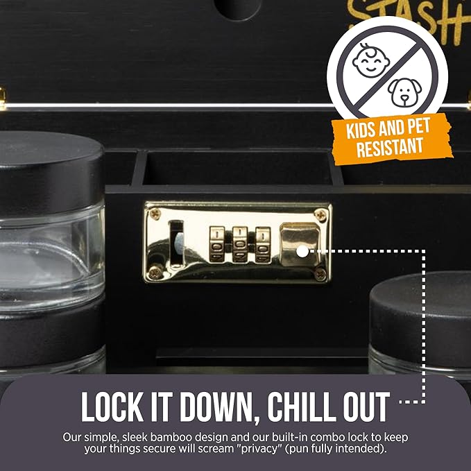 HASHSTASH The OG Storage Box - Large Bamboo Box with Combination Lock, Magnetic Lid, Organizer Tray, Airtight Tube and 3 Jars - Discreet Decorative Locking Wooden Box with Accessories (Black/Gold)