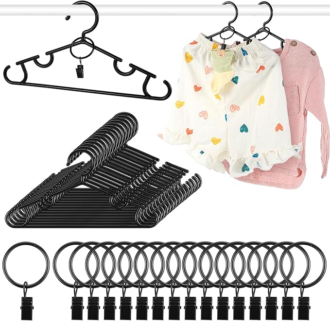 Hsei 30 Packs Nursery Baby Hangers with Ring Clips, Toddler Hangers, Kids Plastic Clothes Hanger for Infant Children Pants Closet Coat Skirts Socks (Black)