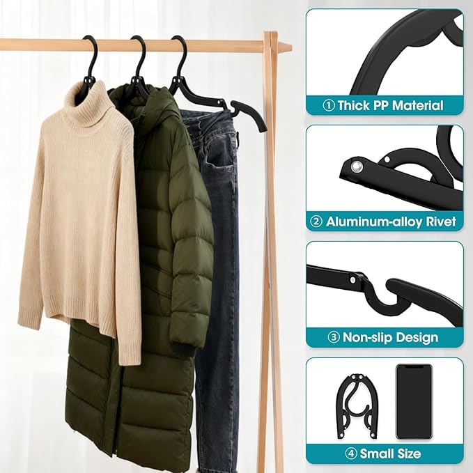 10 Pcs Travel Hangers Portable Foldable Travel Hanger Organizer, Plastic Cruise Essentials Clothes Drying Rack Folding Hangers for Camping Flying RV Europe Vacation Essentials Suitcase, Black