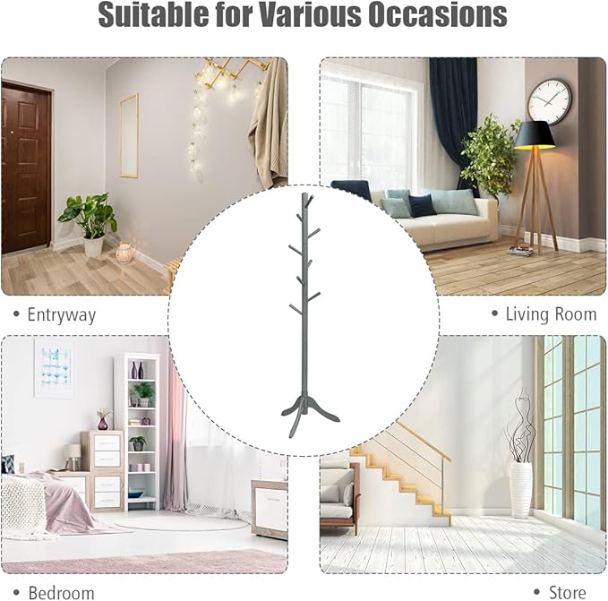GOFLAME Coat Rack Freestanding, Wooden Entryway Coat Tree Hanger with 8 Hooks and 4 Sections, Height Adjustable Coat Stand for Home Office Hallway Entryway (Grey)
